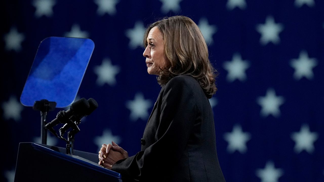 Democratic presidential nominee Vice President Kamala Harris speaks during a campaign rally in Erie, Pennsylvania, on October 14, 2024.