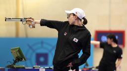 Kim Yeji shoots during the women's 10m air pistol final at the Olympic Games Paris 2024 in Chateauroux, France, on July 28, 2024.